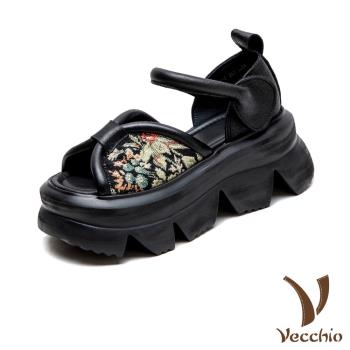 【VECCHIO】真皮繡花布厚底涼鞋/真皮頭層牛皮復古民族風繡花布拼接鬆糕厚底涼鞋 女鞋 黑