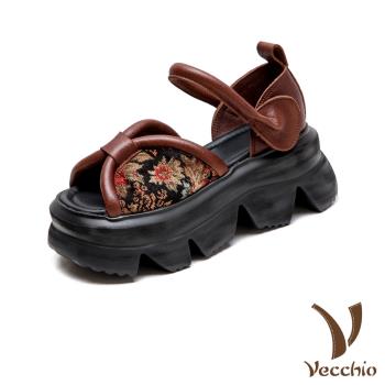 【VECCHIO】真皮繡花布厚底涼鞋/真皮頭層牛皮復古民族風繡花布拼接鬆糕厚底涼鞋 女鞋 棕