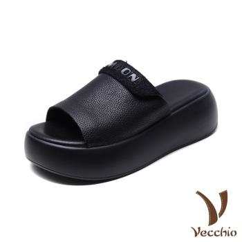 【VECCHIO】真皮輕量厚底個性印字拖鞋/真皮頭層牛皮輕量厚底個性印字拖鞋 女鞋 黑