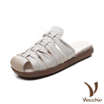 【VECCHIO】真皮手工編織包頭平底拖鞋/真皮頭層牛皮手工編織縷空包頭平底拖鞋 女鞋 米