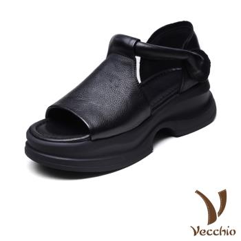 【VECCHIO】真皮包根魔鬼粘厚底休閒涼鞋/真皮頭層牛皮手工包根魔鬼粘厚底休閒涼鞋 女鞋 黑