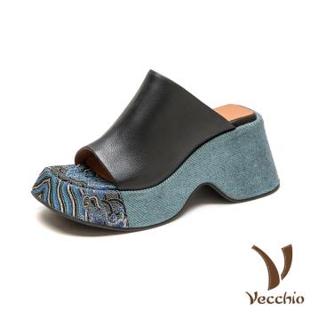 【VECCHIO】全真皮彩布刺繡厚底拖鞋/全真皮頭層牛皮彩布刺繡拼接純色經典鬆糕厚底拖鞋 女鞋 黑