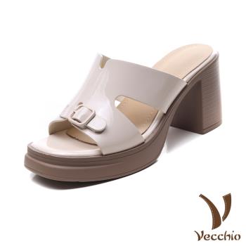 【VECCHIO】全羊皮典雅釦飾高跟拖鞋/全真皮頭層羊皮典雅釦飾復古高跟拖鞋 女鞋 米