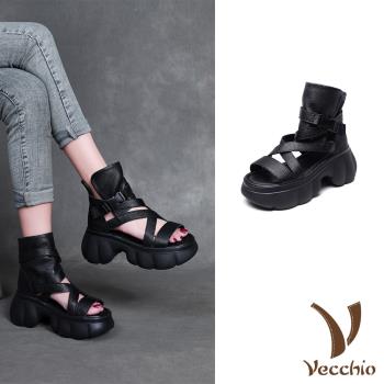 【VECCHIO】真皮一字交叉厚底羅馬涼靴/真皮頭層牛皮經典一字交叉縷空繫帶厚底羅馬涼鞋 涼靴 女鞋 黑