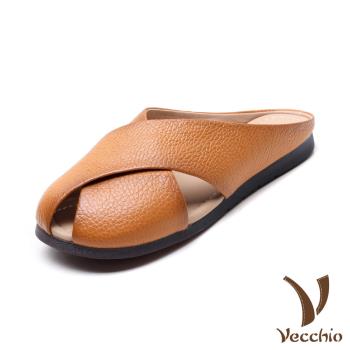【VECCHIO】真皮交叉平底包頭拖鞋/真皮頭層牛皮經典交叉設計平底包頭拖鞋 女鞋 卡其
