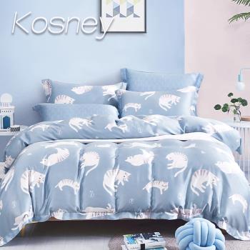 KOSNEY 慵懶貓咪藍 頂級100%天絲單人床包枕套組床包高度35公分