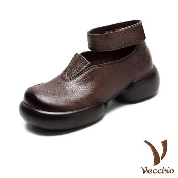 【VECCHIO】全真皮大圓頭厚底娃娃鞋/全真皮頭層牛皮復古大圓頭V口繫帶厚底娃娃鞋 女鞋 棕