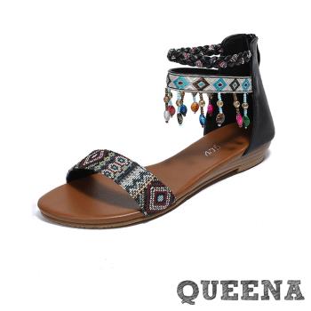 【QUEENA】流蘇吊墜低跟涼鞋/時尚民族風流蘇吊墜復古低跟涼鞋 女鞋 黑