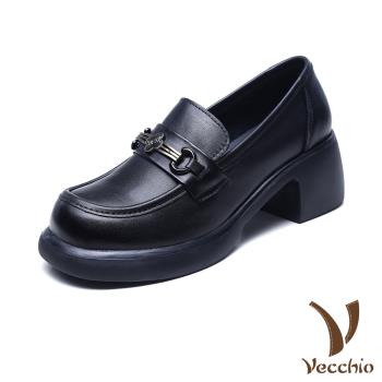 【VECCHIO】全真皮輕量粗跟樂福鞋/全真皮頭層牛皮輕量花朵釦飾粗跟厚底樂福鞋 女鞋 黑