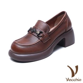 【VECCHIO】全真皮輕量粗跟樂福鞋/全真皮頭層牛皮輕量花朵釦飾粗跟厚底樂福鞋 女鞋 棕