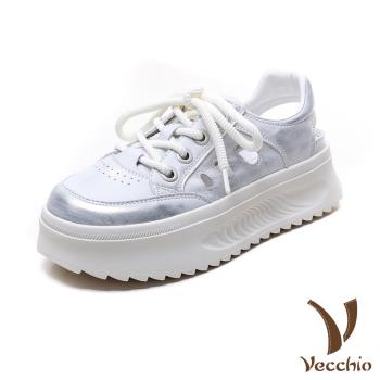 【VECCHIO】全真皮透氣縷空厚底繫帶休閒鞋/全真皮透氣縷空厚底時尚繫帶休閒鞋 女鞋 銀