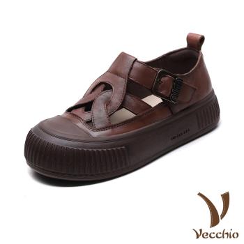 【VECCHIO】真皮幾何縷空厚底休閒涼鞋/真皮頭層牛皮幾何縷空線條復古厚底休閒鞋 涼鞋 女鞋 棕