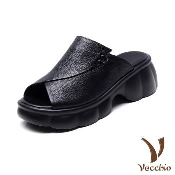 【VECCHIO】真皮不規則雙折厚底拖鞋/真皮頭層牛皮復古不規則雙折設計厚底拖鞋 女鞋 黑