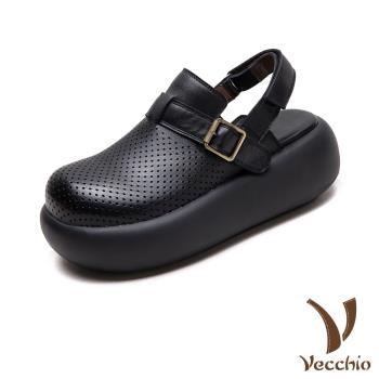 【VECCHIO】真皮透氣沖孔厚底包頭涼鞋/真皮頭層牛皮透氣沖孔圓頭厚底包頭涼鞋 女鞋 黑