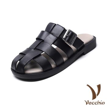 【VECCHIO】羊皮編織包頭低跟拖鞋/真皮頭層羊皮復古編織縷空舒適包頭低跟拖鞋 女鞋 黑