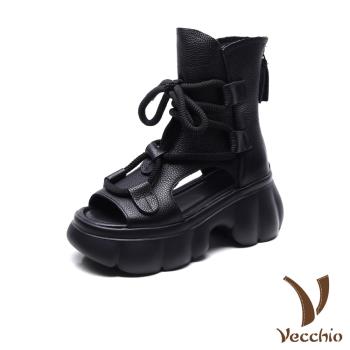 【VECCHIO】真皮魚口厚底羅馬涼靴/真皮頭層牛皮魚口露趾鬆糕厚底繫帶羅馬涼鞋 涼靴 女鞋 黑