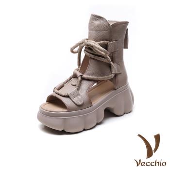 【VECCHIO】真皮魚口厚底羅馬涼靴/真皮頭層牛皮魚口露趾鬆糕厚底繫帶羅馬涼鞋 涼靴 女鞋 米