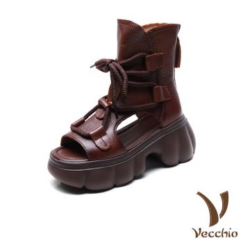 【VECCHIO】真皮魚口厚底羅馬涼靴/真皮頭層牛皮魚口露趾鬆糕厚底繫帶羅馬涼鞋 涼靴 女鞋 棕