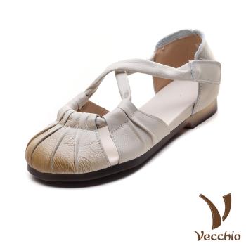 【VECCHIO】真皮小圓頭交叉帶低跟涼鞋/真皮頭層牛皮復古小圓頭交叉帶設計低跟涼鞋 女鞋 米
