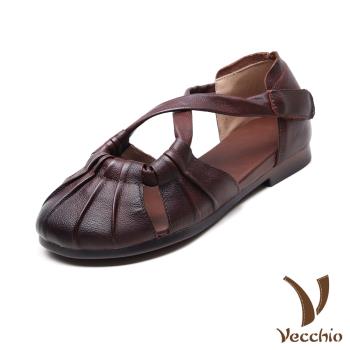 【VECCHIO】真皮小圓頭交叉帶低跟涼鞋/真皮頭層牛皮復古小圓頭交叉帶設計低跟涼鞋 女鞋 棕