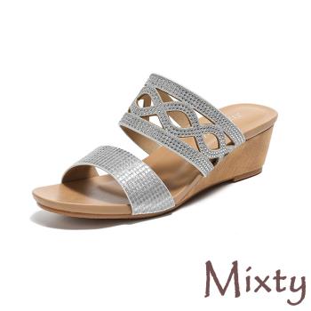 【MIXTY】金屬一字燙鑽坡跟拖鞋/華麗金屬一字帶縷空燙鑽時尚坡跟拖鞋 女鞋 銀