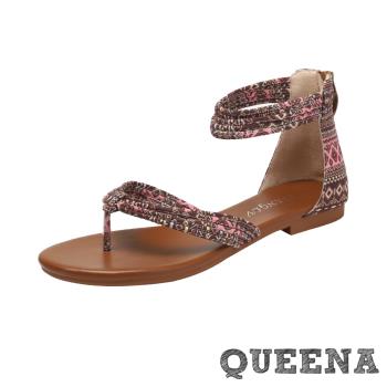 【QUEENA】一字低跟涼鞋/個性一字繞踝設計低跟涼鞋 女鞋 棕