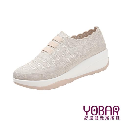 【YOBAR】刺繡飛織厚底搖搖鞋/復古舒適幾何刺繡彈力飛織厚底美腿搖搖鞋 女鞋 杏