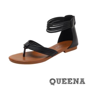 【QUEENA】一字低跟涼鞋/個性一字繞踝設計低跟涼鞋 女鞋 黑