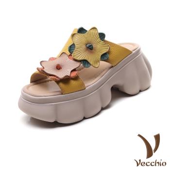 【VECCHIO】真皮彩色皮雕花朵厚底拖鞋/真皮頭層牛皮復古彩色皮雕花朵厚底拖鞋 女鞋 黃