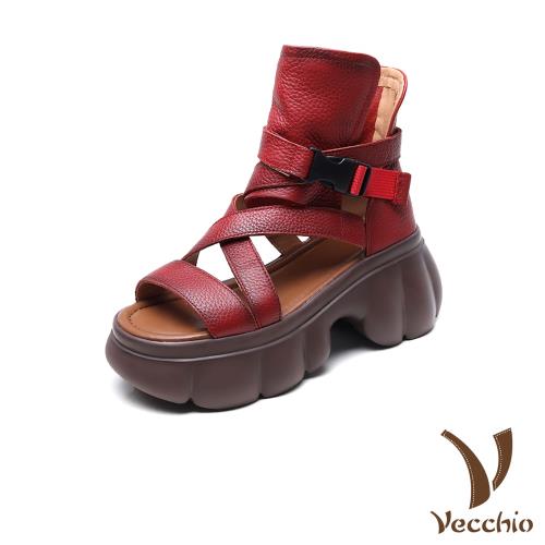 【VECCHIO】真皮一字交叉厚底羅馬涼靴/真皮頭層牛皮經典一字交叉縷空繫帶厚底羅馬涼鞋 涼靴 女鞋 紅
