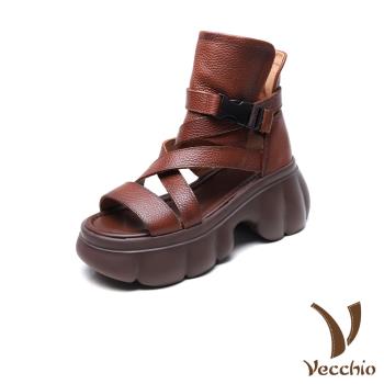 【VECCHIO】真皮一字交叉厚底羅馬涼靴/真皮頭層牛皮經典一字交叉縷空繫帶厚底羅馬涼鞋 涼靴 女鞋 棕