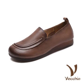 【VECCHIO】全真皮純色舒適樂福鞋/全真皮頭層牛皮立體流線純色舒適樂福鞋 女鞋 棕