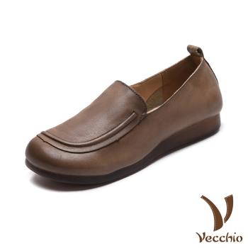 【VECCHIO】全真皮純色舒適樂福鞋/全真皮頭層牛皮立體流線純色舒適樂福鞋 女鞋 卡其