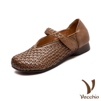 【VECCHIO】真皮編織娃娃鞋/真皮頭層牛皮手工編織寬楦V口一字帶舒適娃娃鞋 女鞋 卡其
