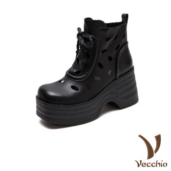 【VECCHIO】全真皮縷空短靴/全真皮頭層牛皮縷空水滴繫帶鬆糕厚底高跟短靴 女鞋 黑