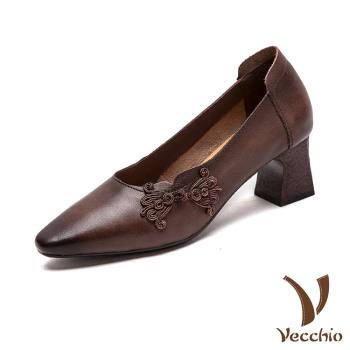 【VECCHIO】全真皮盤釦尖頭高跟鞋/全真皮頭層牛皮復古盤釦尖頭高跟鞋 女鞋 棕