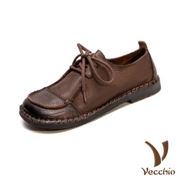 【VECCHIO】全真皮舒適軟皮繫帶休閒鞋/全真皮頭層牛皮舒適軟皮繫帶手工拼接休閒鞋 女鞋 棕