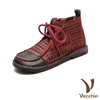【VECCHIO】全真皮縷空拼接繫帶短靴/全真皮頭層牛皮復古縷空民族風拼接繫帶短靴 女鞋 紅