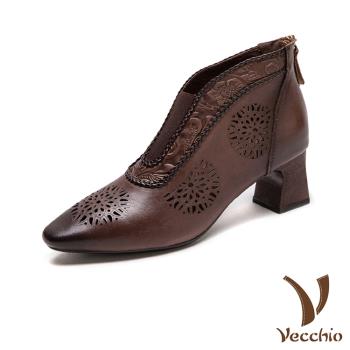 【VECCHIO】全真皮兩穿尖頭高跟踝靴/全真皮頭層牛皮典雅民族風雕花尖頭高跟踝靴 女鞋 棕