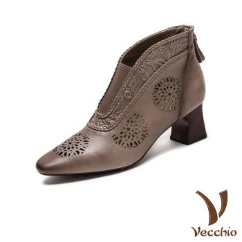 【VECCHIO】全真皮兩穿尖頭高跟踝靴/全真皮頭層牛皮典雅民族風雕花尖頭高跟踝靴 女鞋 卡其