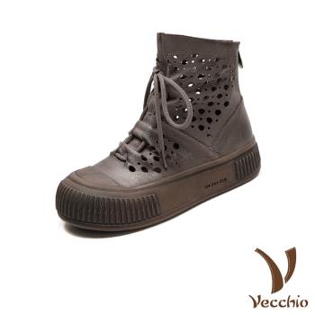 【VECCHIO】全真皮洞洞繫帶厚底短靴/全真皮頭層牛皮幾何縷空洞洞繫帶厚底短靴 涼靴 女鞋 黑