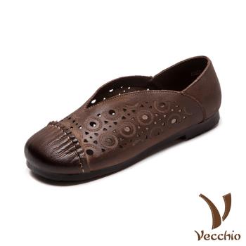 【VECCHIO】全真皮刺繡舒適低跟便鞋/全真皮頭層牛皮刺繡沖孔手工縫線拼接舒適低跟便鞋 女鞋 棕