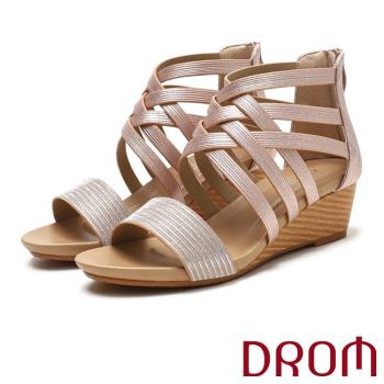 【DROM】交叉縷空坡跟涼鞋/百搭歐美時尚交叉縷空飾帶造型坡跟涼鞋 女鞋 粉
