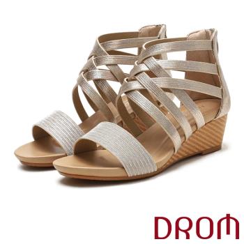 【DROM】交叉縷空坡跟涼鞋/百搭歐美時尚交叉縷空飾帶造型坡跟涼鞋 女鞋 金