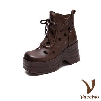 【VECCHIO】全真皮縷空短靴/全真皮頭層牛皮縷空水滴繫帶鬆糕厚底高跟短靴 女鞋 棕