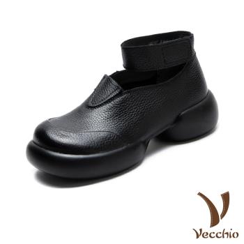 【VECCHIO】全真皮大圓頭厚底娃娃鞋/全真皮頭層牛皮復古大圓頭V口繫帶厚底娃娃鞋 女鞋 黑