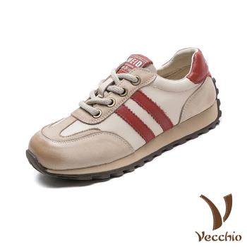 【VECCHIO】真皮平底休閒鞋/真皮頭層牛皮百搭撞色線條舒適平底休閒鞋 女鞋 紅