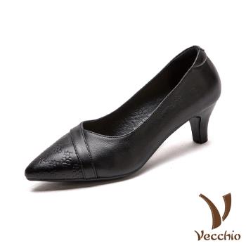 【VECCHIO】真皮羊皮尖頭壓花高跟鞋/真皮羊皮尖頭V口復古壓花高跟鞋 女鞋 黑