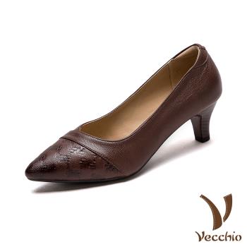 【VECCHIO】真皮羊皮尖頭壓花高跟鞋/真皮羊皮尖頭V口復古壓花高跟鞋 女鞋 咖