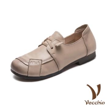 【VECCHIO】全真皮懶人休閒便鞋 杏/全真皮頭層牛皮復古懶人免綁帶休閒便鞋 女鞋 杏